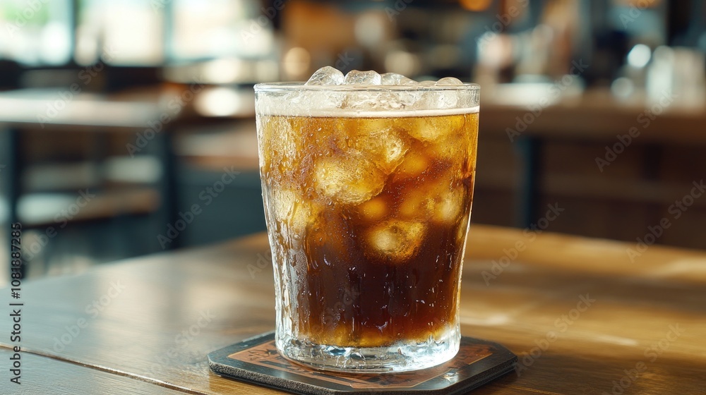Refreshing Glass of Cold Soda with Ice Cubes Placed on Wooden Table in Cozy Restaurant Setting Ideal for Food and Beverage Photography Refreshing Glass of Cold Soda with Ice Cubes Placed on Wooden Table in Cozy Restaurant Setting Ideal for Food and Beverage Photography