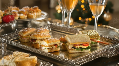 Elegant New Year Buffet Featuring Mini Sandwiches and Pastries on a Silver Platter, Perfect for Celebrations and Festive Gatherings