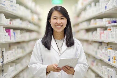 Young female pharmacist holding a tablet in a pharmacy aisle, wearing a white lab coat, surrounded by medicine shelves. Healthcare professional concept