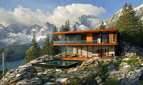 Modern mountain retreat on a craggy peak, with a timber and glass exterior, offering a breathtaking view of rugged peaks and a tranquil alpine lake