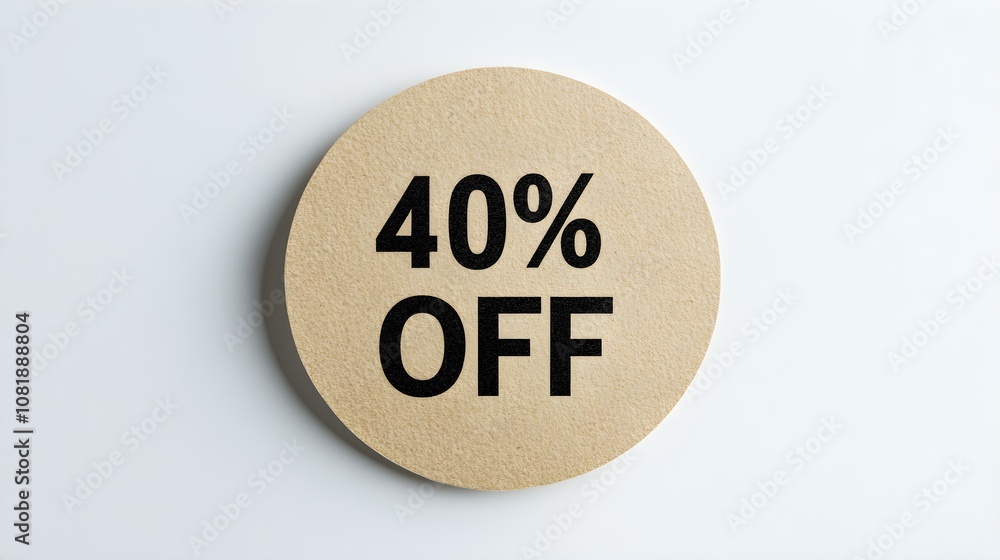 Black '40% OFF' Text on a Khaki Round Paper Note. White Background with Copy Space Black '40% OFF' Text on a Khaki Round Paper Note. White Background with Copy Space
