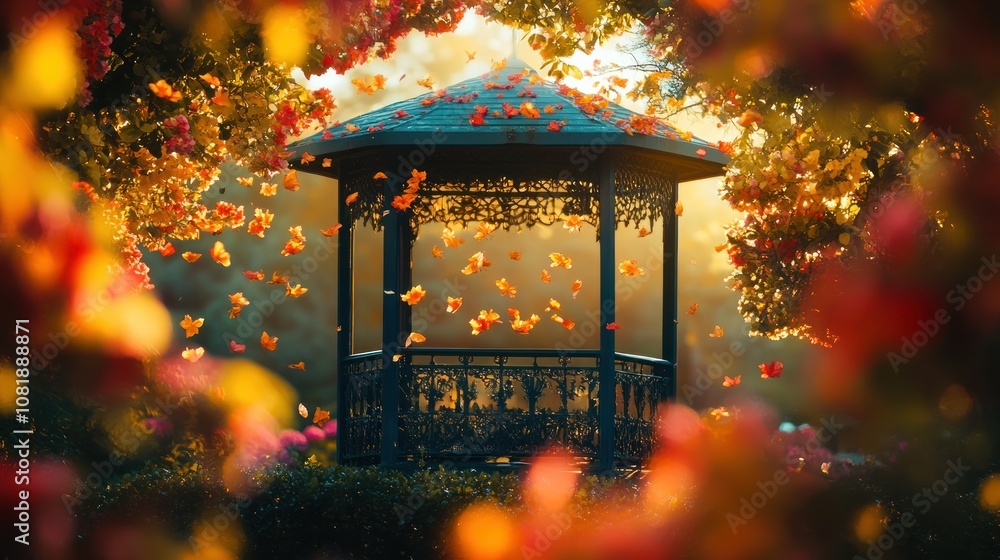 A Gazebo Surrounded by Falling Autumn Leaves and Flowers A Gazebo Surrounded by Falling Autumn Leaves and Flowers