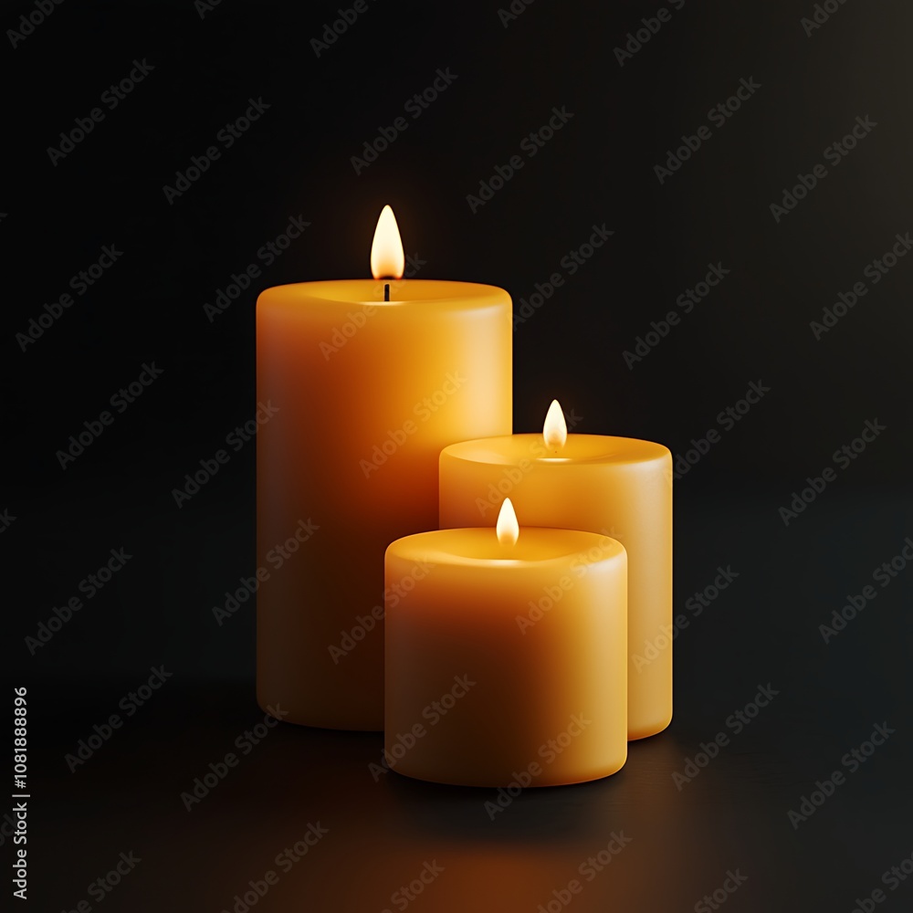 Warm Ambient Glow of Three Vibrant Yellow Candles Set Against a Dark Background, Ideal for Creating a Cozy Atmosphere in Home Decor or Relaxing Spaces Warm Ambient Glow of Three Vibrant Yellow Candles Set Against a Dark Background, Ideal for Creating a Cozy Atmosphere in Home Decor or Relaxing Spaces