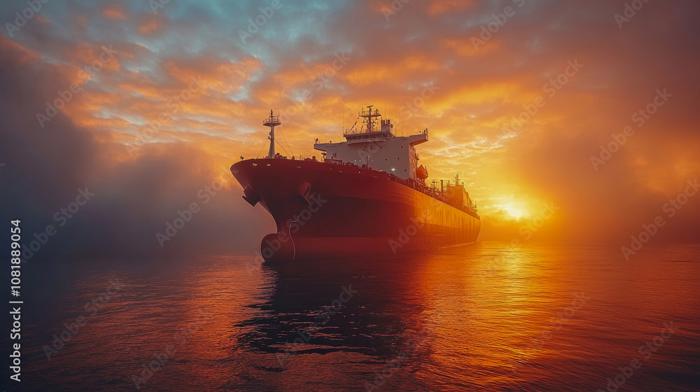 A large cargo ship is anchored in tranquil waters as a vivid sunrise casts warm colors through misty clouds A large cargo ship is anchored in tranquil waters as a vivid sunrise casts warm colors through misty clouds