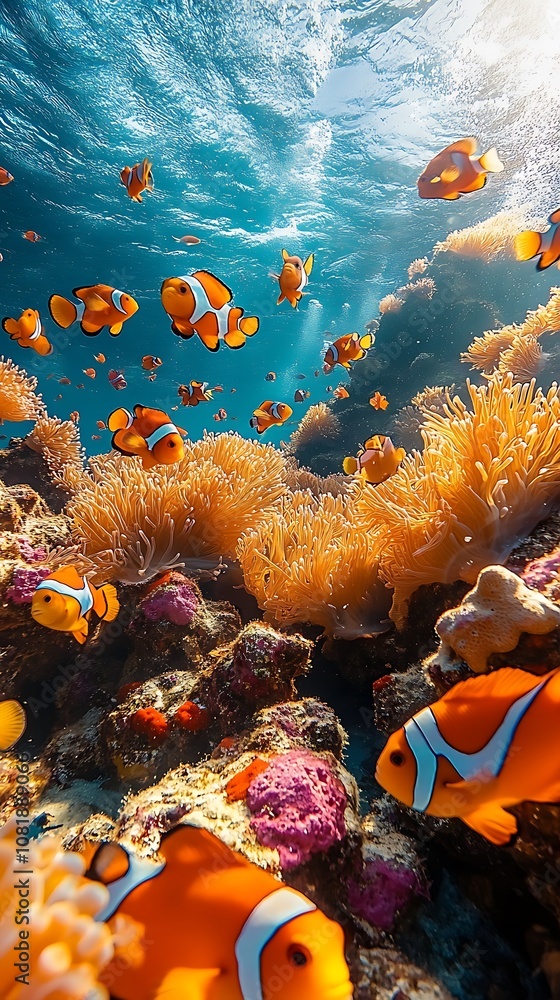 Naklejka premium Colorful underwater scene featuring clownfish swimming through lush coral reef picture