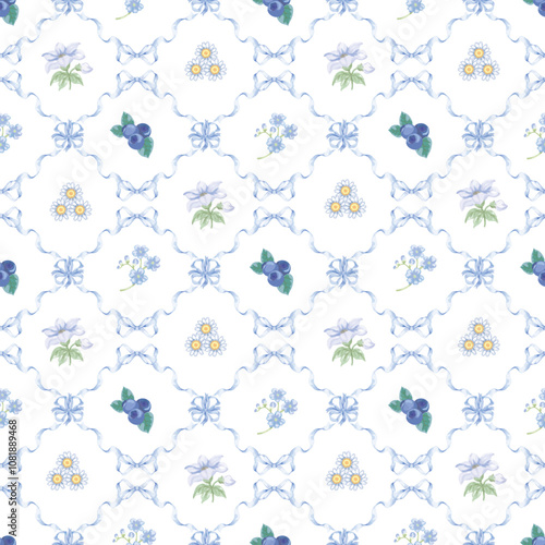 Seamless pattern ribbons, blueberry and flowers.