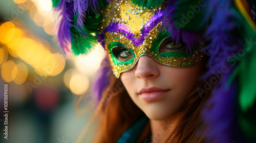 Woman wearing vibrant Mardi Gras mask with feathers and glitter photo