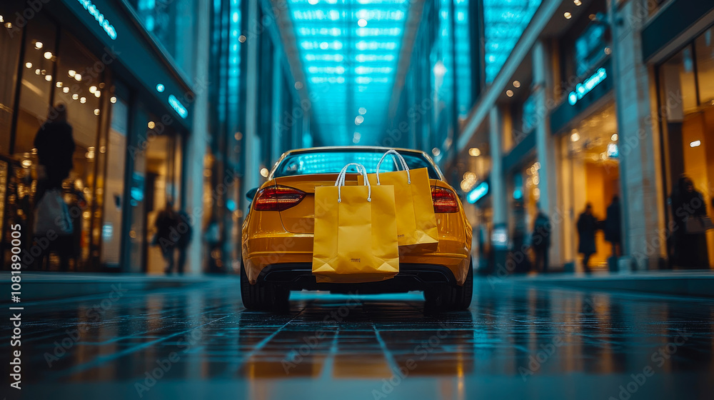 A sleek yellow car is parked within a modern shopping mall, surrounded by shoppers and colorful displays beneath a glowing blue ceiling A sleek yellow car is parked within a modern shopping mall, surrounded by shoppers and colorful displays beneath a glowing blue ceiling