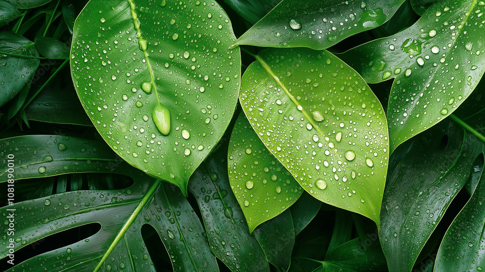 Lush green leaves with water droplets create refreshing and vibrant atmosphere Lush green leaves with water droplets create refreshing and vibrant atmosphere