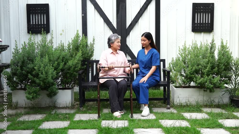 Elderly Asian woman with gray hair sitting using a walker with support from a young Asian nurse helping her walk in a nursing home together happily Elderly Asian woman with gray hair sitting using a walker with support from a young Asian nurse helping her walk in a nursing home together happily