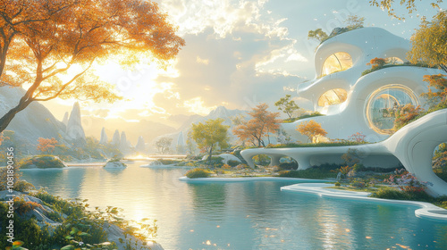 A Serene Utopian Landscape Featuring Lush Greenery and Soft Morning Lighting