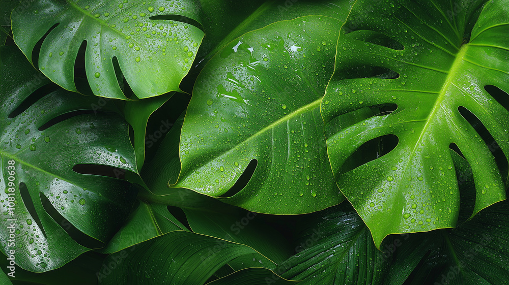 Lush green leaves with water droplets create refreshing atmosphere Lush green leaves with water droplets create refreshing atmosphere