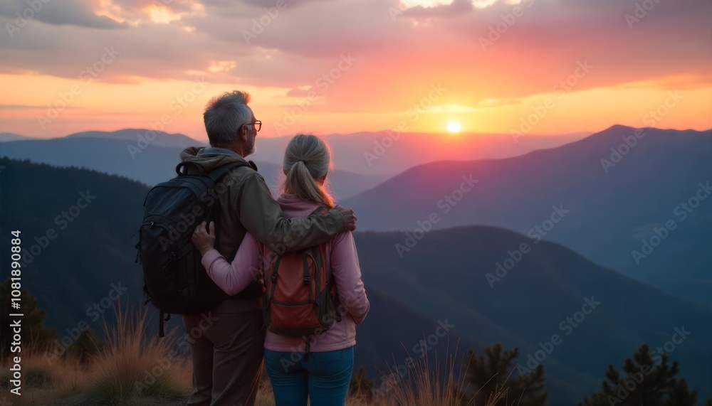 Fototapeta premium A senior couple enjoys a stunning sunset while hiking in the mountains, embracing the beauty of nature during a memorable outdoor adventure