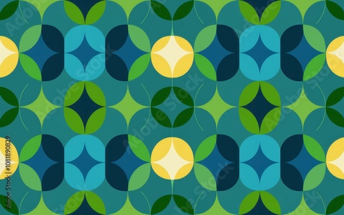 Retro geometric pattern design. Vibrant teal green yellow circles create a calming retro design.  Symmetrical shapes evoke a sense of balance and harmony. photo