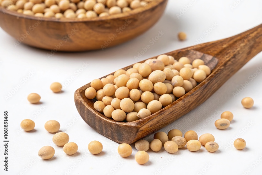 High-Quality Product Photography of Soybeans in a Wooden Scoop on a White Background, Perfect for Food Blogs, Nutrition Guides, and Eco-Friendly Product Promotions High-Quality Product Photography of Soybeans in a Wooden Scoop on a White Background, Perfect for Food Blogs, Nutrition Guides, and Eco-Friendly Product Promotions