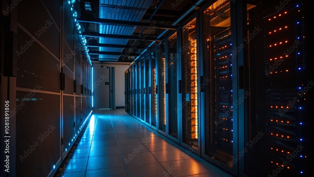 High-Tech Corridor with Servers Illuminated by Blue and Orange Lights - A Captivating Fashion Photography Scene in a Modern Digital Environment High-Tech Corridor with Servers Illuminated by Blue and Orange Lights - A Captivating Fashion Photography Scene in a Modern Digital Environment