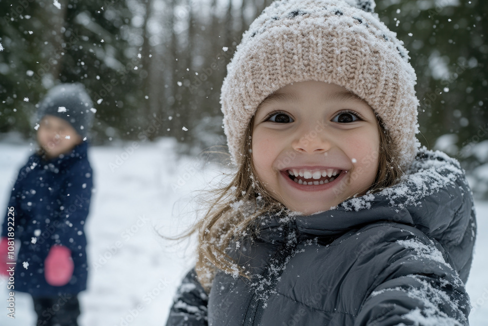 joyful young girl smiles brightly while playing in snow, surrounded by winter wonderland. Snowflakes gently fall around her, creating magical atmosphere joyful young girl smiles brightly while playing in snow, surrounded by winter wonderland. Snowflakes gently fall around her, creating magical atmosphere