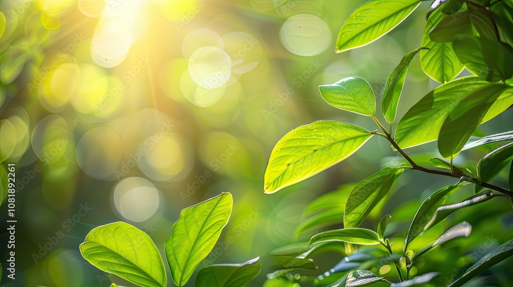 Fresh green leaves bathed in sunlight, a symbol of rejuvenation and growth Fresh green leaves bathed in sunlight, a symbol of rejuvenation and growth