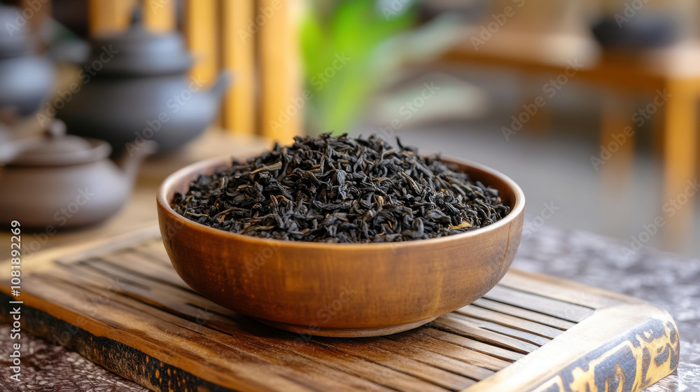 bowl filled with dried black tea leaves sits on wooden tray, surrounded by serene tea setting. rich texture and color of leaves evoke sense of calm and tradition bowl filled with dried black tea leaves sits on wooden tray, surrounded by serene tea setting. rich texture and color of leaves evoke sense of calm and tradition