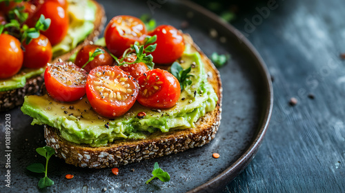 Brain nourishing food; Whole grain toast topped with smashed avocado and cheese photo