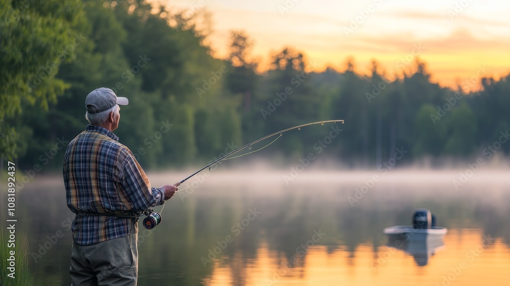 A senior man enjoys the serenity of sunrise fishing by a tranquil lake with a bobbing boat and a stunning view of the morning sky A senior man enjoys the serenity of sunrise fishing by a tranquil lake with a bobbing boat and a stunning view of the morning sky