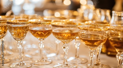 Festive Cocktail Station with Golden Sugar Rimmed Glasses Displayed Elegantly for Celebrations and Parties photo