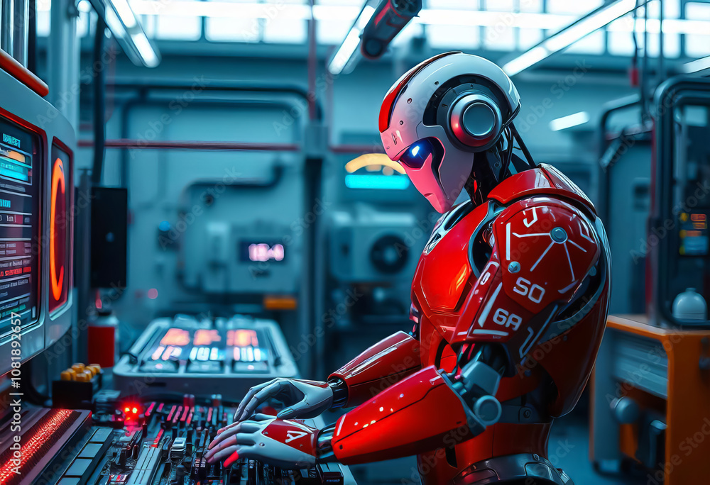 Fototapeta premium Robotic automation in a high-tech factory industrial setting digital content futuristic environment close-up view technology innovation