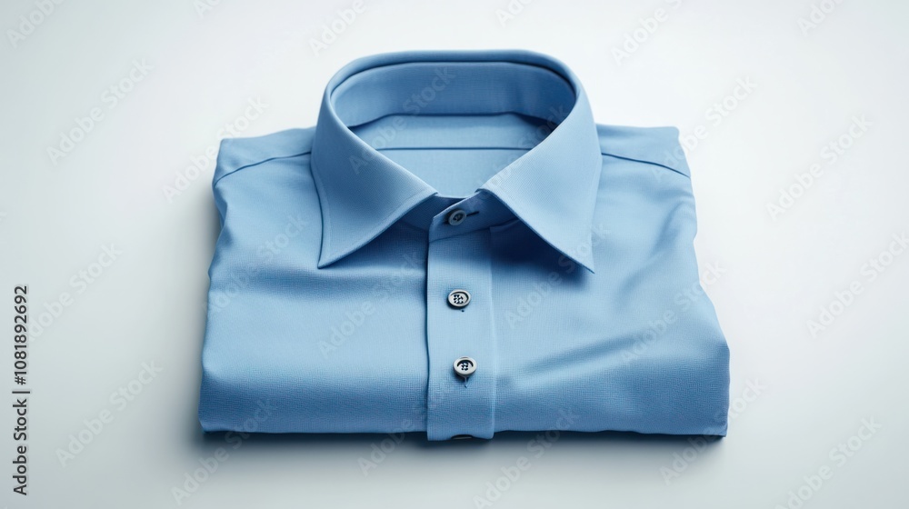 Blue 3D folded shirt with visible buttons and collar, placed on a minimalist white background Blue 3D folded shirt with visible buttons and collar, placed on a minimalist white background