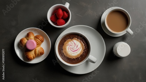 Plate of croissants and a cup of coffee with whipped cream
