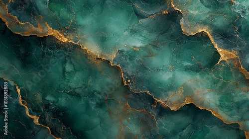 Abstract green and gold marbled texture with fluid patterns.