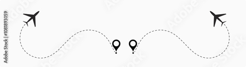  plane flight route. Airplane travel concept, symbol on isolated background.