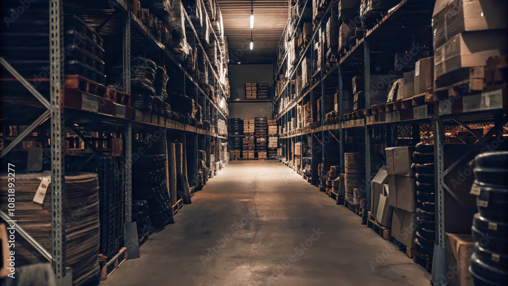 Fototapeta premium A warehouse with shelves filled with goods in cardboard boxes, demonstrating good organization of space