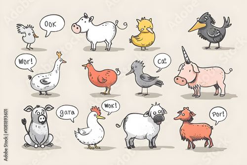 A Comic Illustration of Farm Animals and Their Associated Sounds photo