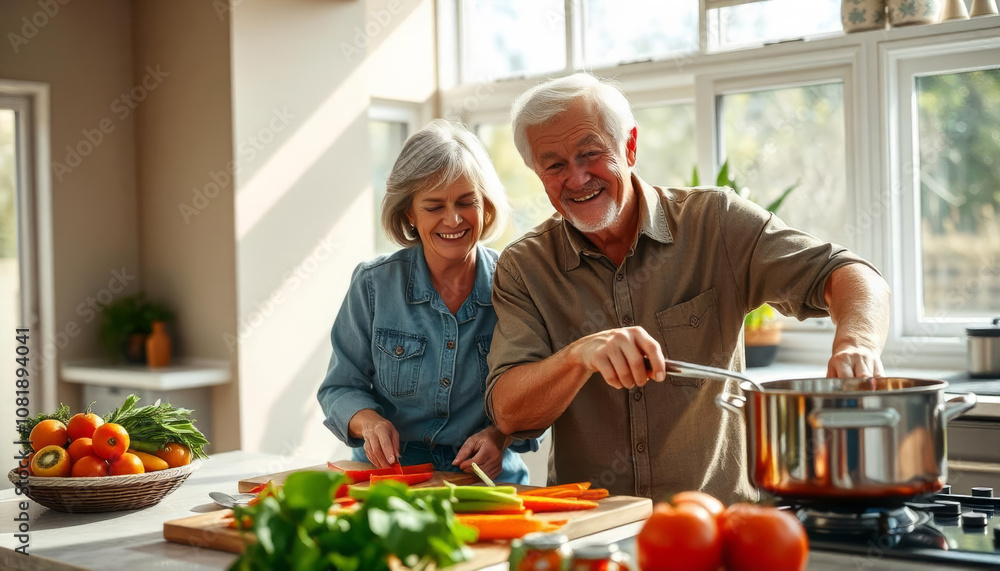 Senior couple joyfully cooking together in a bright kitchen while preparing fresh vegetables and enjoying each other's company in the afternoon Senior couple joyfully cooking together in a bright kitchen while preparing fresh vegetables and enjoying each other's company in the afternoon