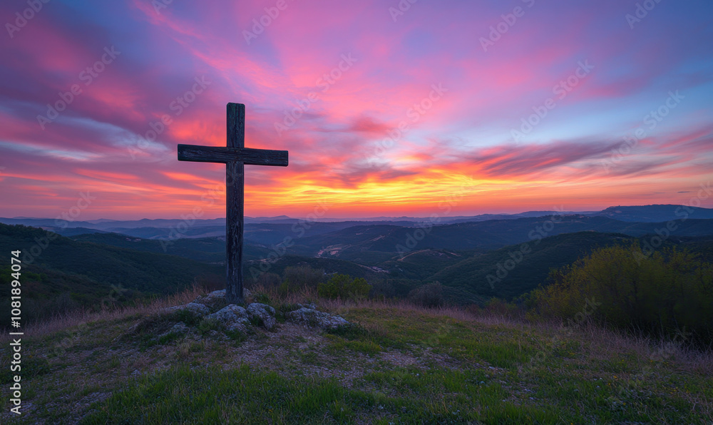 wooden cross atop hill overlooks stunning sunset, casting vibrant colors across sky and illuminating serene landscape. scene evokes sense of peace and reflection wooden cross atop hill overlooks stunning sunset, casting vibrant colors across sky and illuminating serene landscape. scene evokes sense of peace and reflection