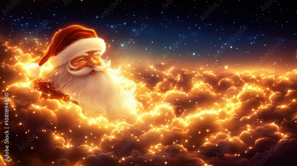 Santa claus floating in glowing clouds under a starry night sky Santa claus floating in glowing clouds under a starry night sky