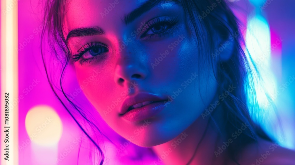 A neon light aesthetic portrait of a woman, with vibrant neon colors highlighting her face, capturing the trendy and urban vibe of neon photography A neon light aesthetic portrait of a woman, with vibrant neon colors highlighting her face, capturing the trendy and urban vibe of neon photography