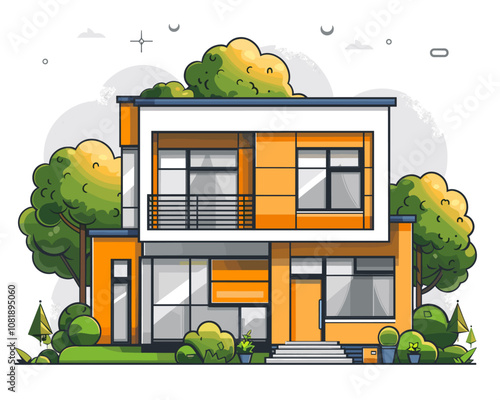 Large orange house with a white trim sits in front of a green tree. The house has a modern design and is surrounded by a lush green yard. Scene is peaceful and inviting, with the house