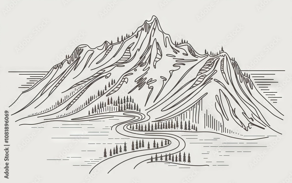 Fototapeta premium Majestic mountain peak. Serene landscape; winding river, tranquil lake, majestic mountain. Symbolizes peace, adventure.