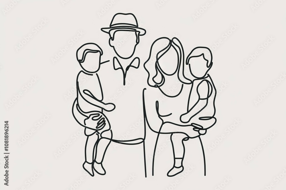 Happy family portrait. One-line art depicting a cheerful family; parents with two children, symbolizing unity, love, and togetherness. Happy family portrait. One-line art depicting a cheerful family; parents with two children, symbolizing unity, love, and togetherness.