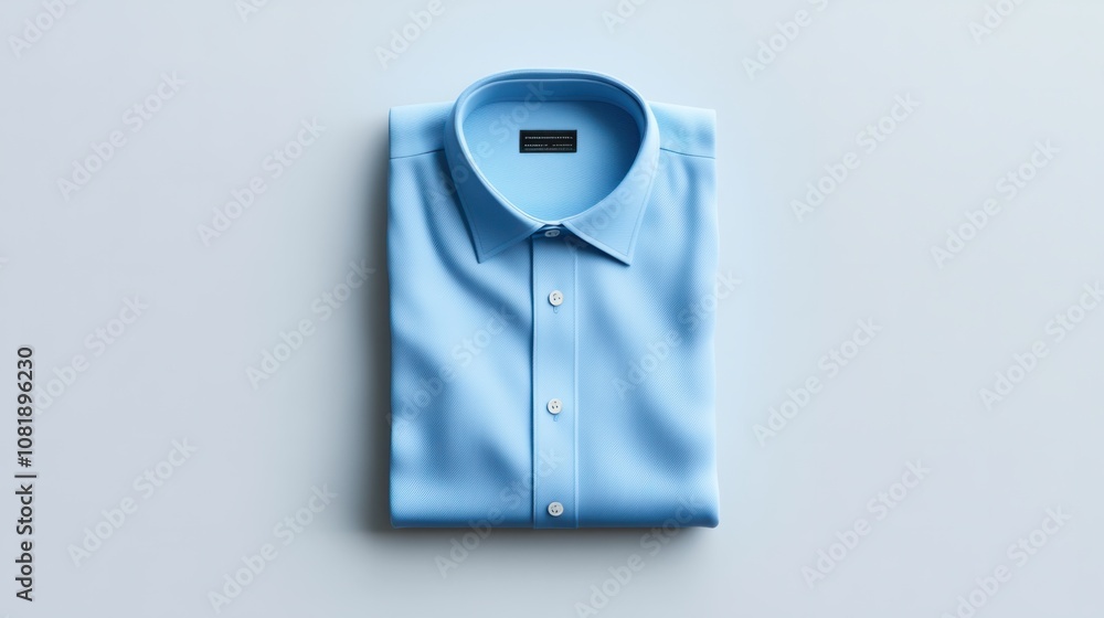 Realistic 3D folded shirt in soft blue, with collar and button details, isolated on a light background Realistic 3D folded shirt in soft blue, with collar and button details, isolated on a light background