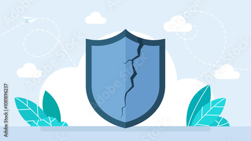 Broken shield icon. Cracked shield emblem. The concept lack of protection, danger, lack of insurance, unreliability, weakness, powerlessness. Security breach. Protection failure. Vector illustration