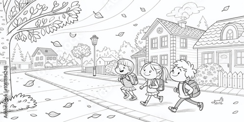 Joyful Schoolchildren with Backpacks Walking to School on a Charming Autumn Day in a Small Town - Black and White Cartoon for Coloring Book Page photo