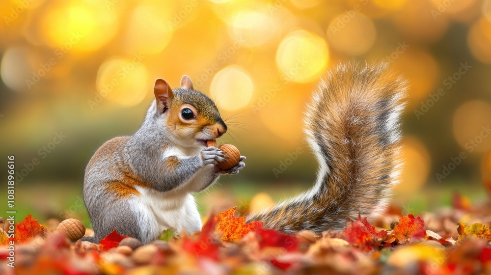 A Grey Squirrel Eating a Nut Amidst Autumn Leaves A Grey Squirrel Eating a Nut Amidst Autumn Leaves