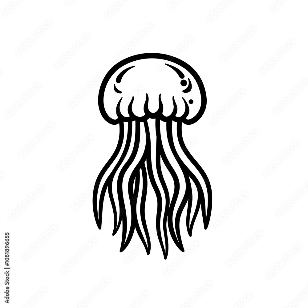 Black and White Hand-Drawn Illustration of a Jellyfish with Flowing Tentacles, Perfect for Ocean-Themed Design Projects and Educational Materials Black and White Hand-Drawn Illustration of a Jellyfish with Flowing Tentacles, Perfect for Ocean-Themed Design Projects and Educational Materials