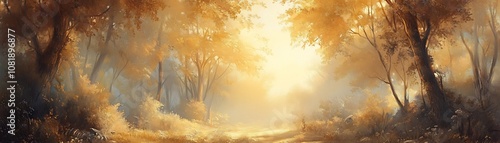 Peaceful Forest Bathed in Warm Golden Sunlight Casting Serene Patterns