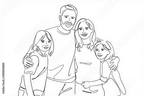 Happy family portrait. Line art depicting a cheerful family; parents embracing their two daughters. Symbolizes unity, love, and family bonds.