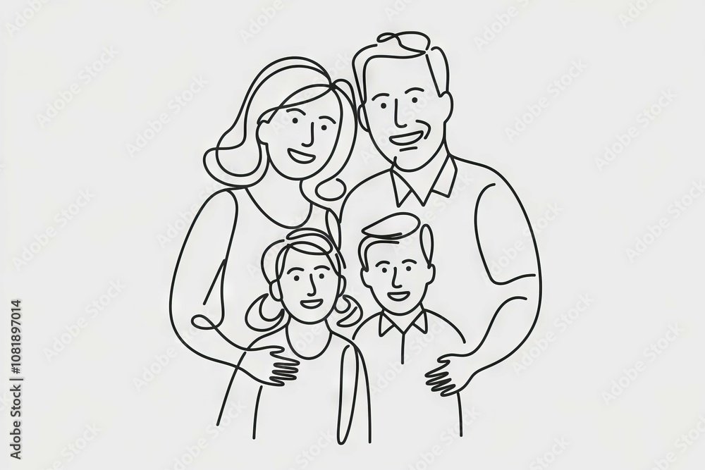 Happy family portrait. Line art illustration of a cheerful family; parents and two children. Symbolizes family unity, love, and togetherness. Happy family portrait. Line art illustration of a cheerful family; parents and two children. Symbolizes family unity, love, and togetherness.