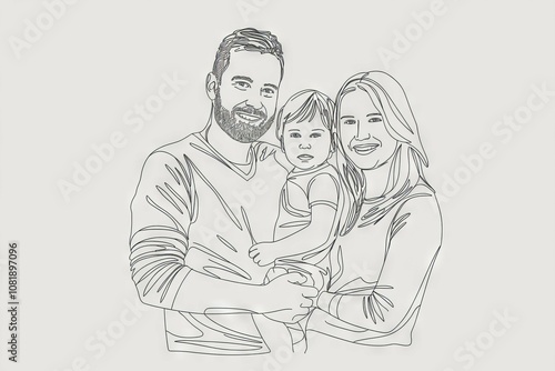 Happy family portrait. Line art family illustration, parents with child, symbolizing love, unity, and family bonds.