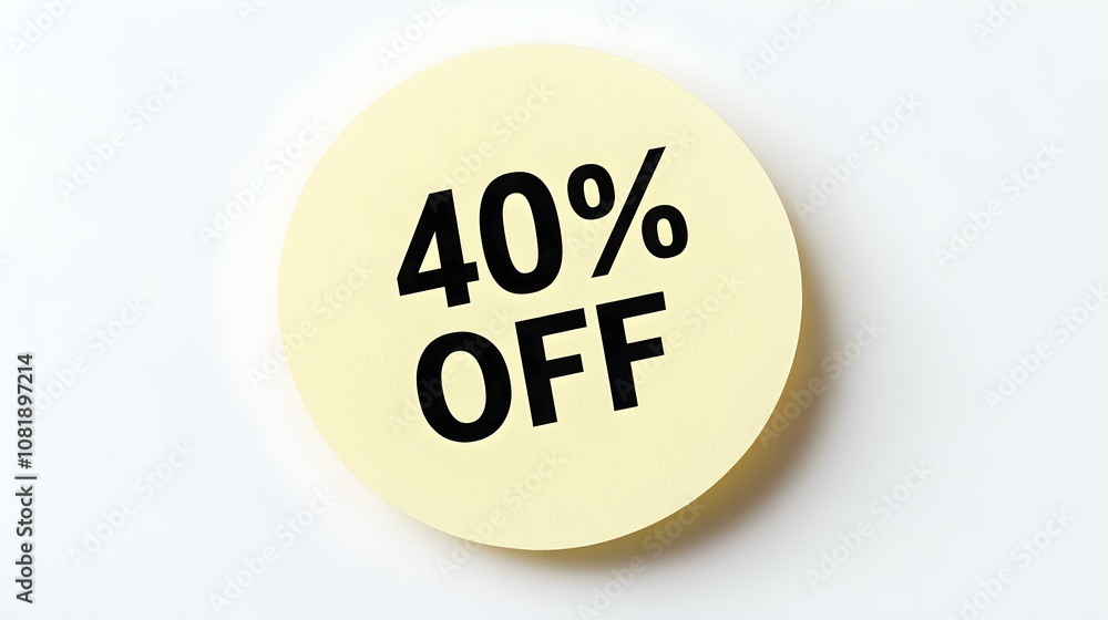 Black '40% OFF' Text on a Light Yellow Round Paper Note. White Background with Copy Space Black '40% OFF' Text on a Light Yellow Round Paper Note. White Background with Copy Space